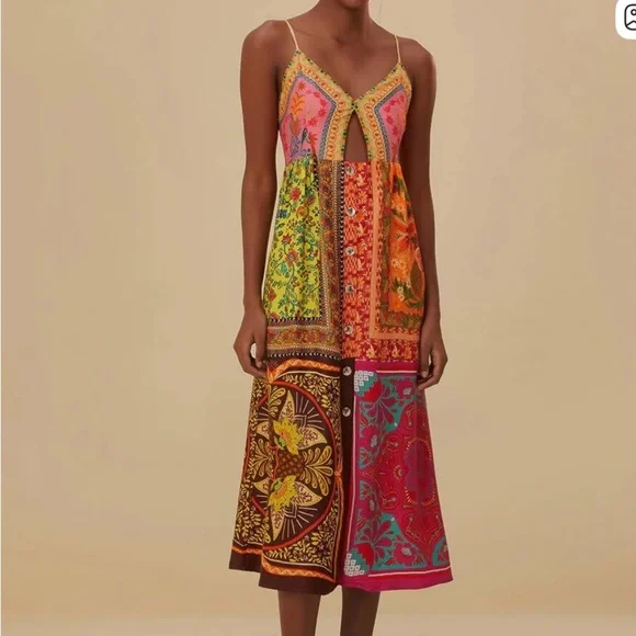 Farm Rio Mixed Scarves Midi Dress Size Small 100% Viscose Cut-Out Detail NWOT - Picture 2 of 12